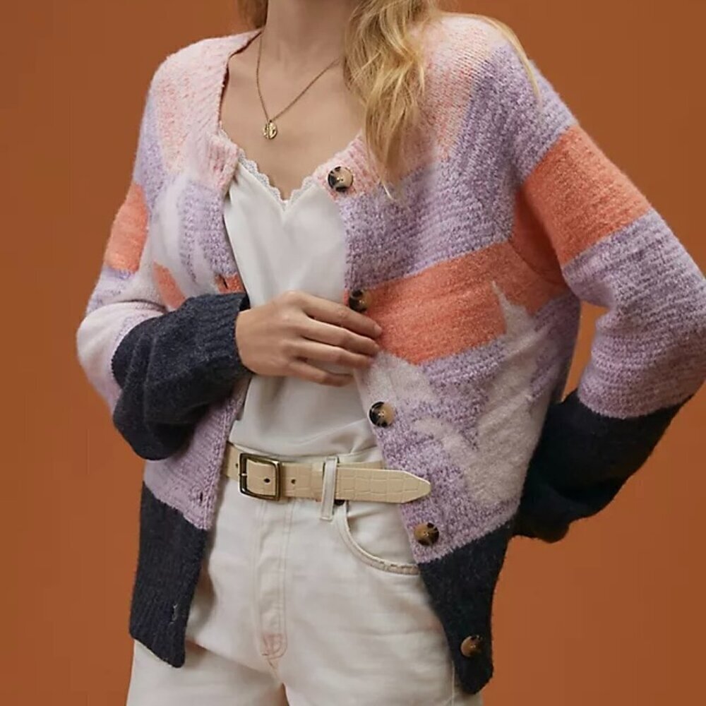 Anthropologie Maeve Birdie Wool Blend Knit Cardigan In Purple Motif XS​​​​​​​​